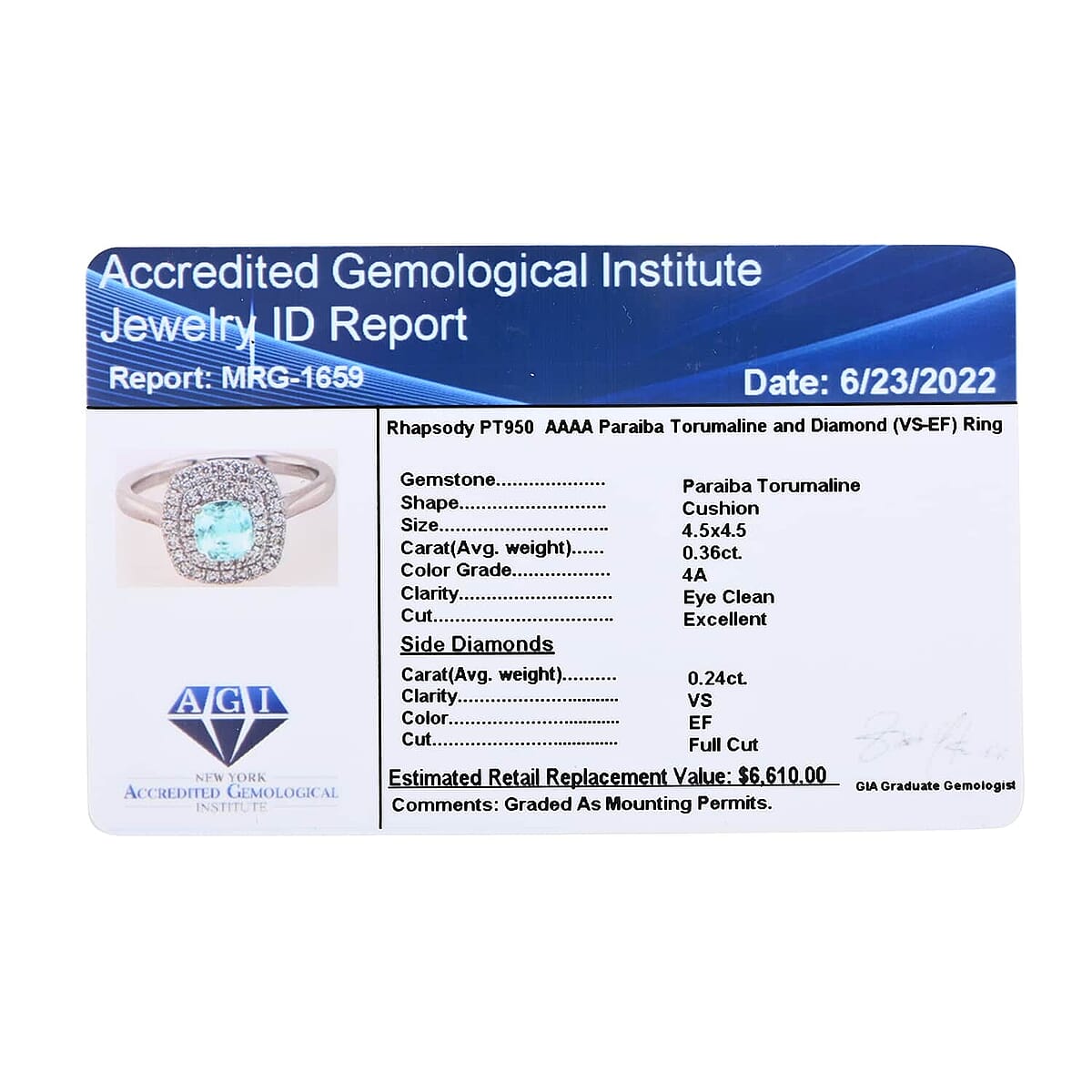 Certified Rhapsody 950 Platinum AAAA Paraiba Tourmaline and E-F VS Diamond Double Halo Ring (Size 7.0) 5 Grams 0.60 ctw image number 6