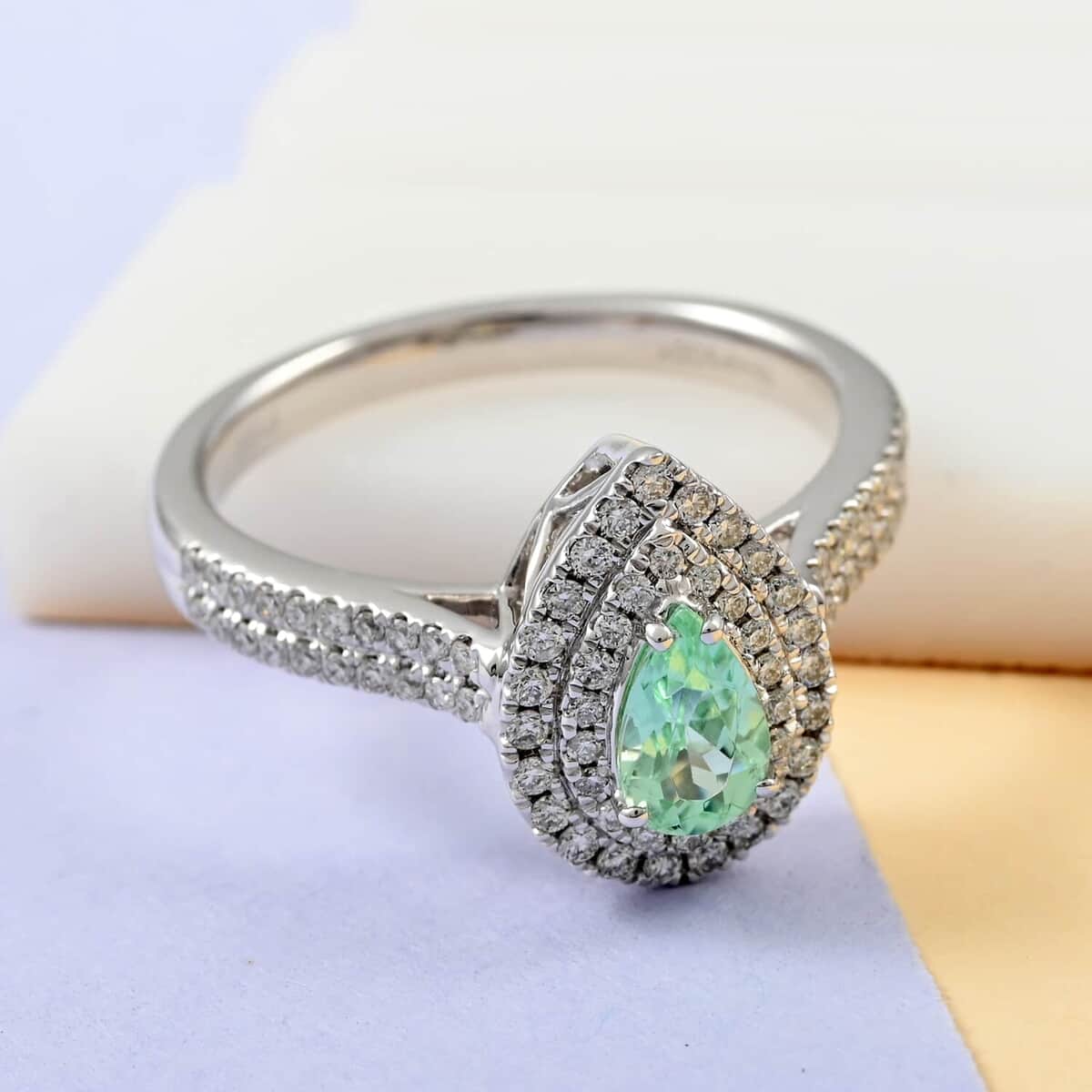 Certified & Appraised Rhapsody 950 Platinum AAAA Paraiba Tourmaline and E-F VS Diamond Double Halo Ring (Size 6.0) 7 Grams 1.00 ctw image number 1