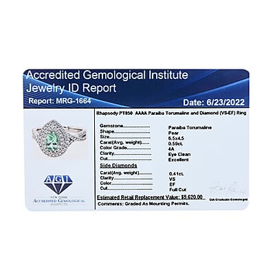 Certified 950 Platinum AAAA Paraiba Tourmaline and E-F VS Diamond Ring (Size 6.0) 6.10 Grams 1.00 ctw