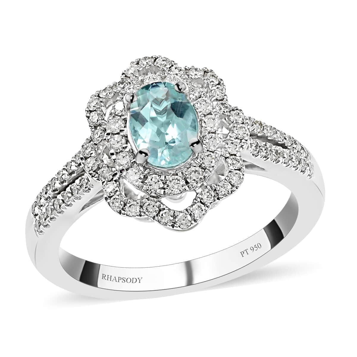 Certified & Appraised Rhapsody 950 Platinum AAAA Paraiba Tourmaline and E-F VS Diamond Ring (Size 6.0) 6.85 Grams 1.00 ctw image number 0