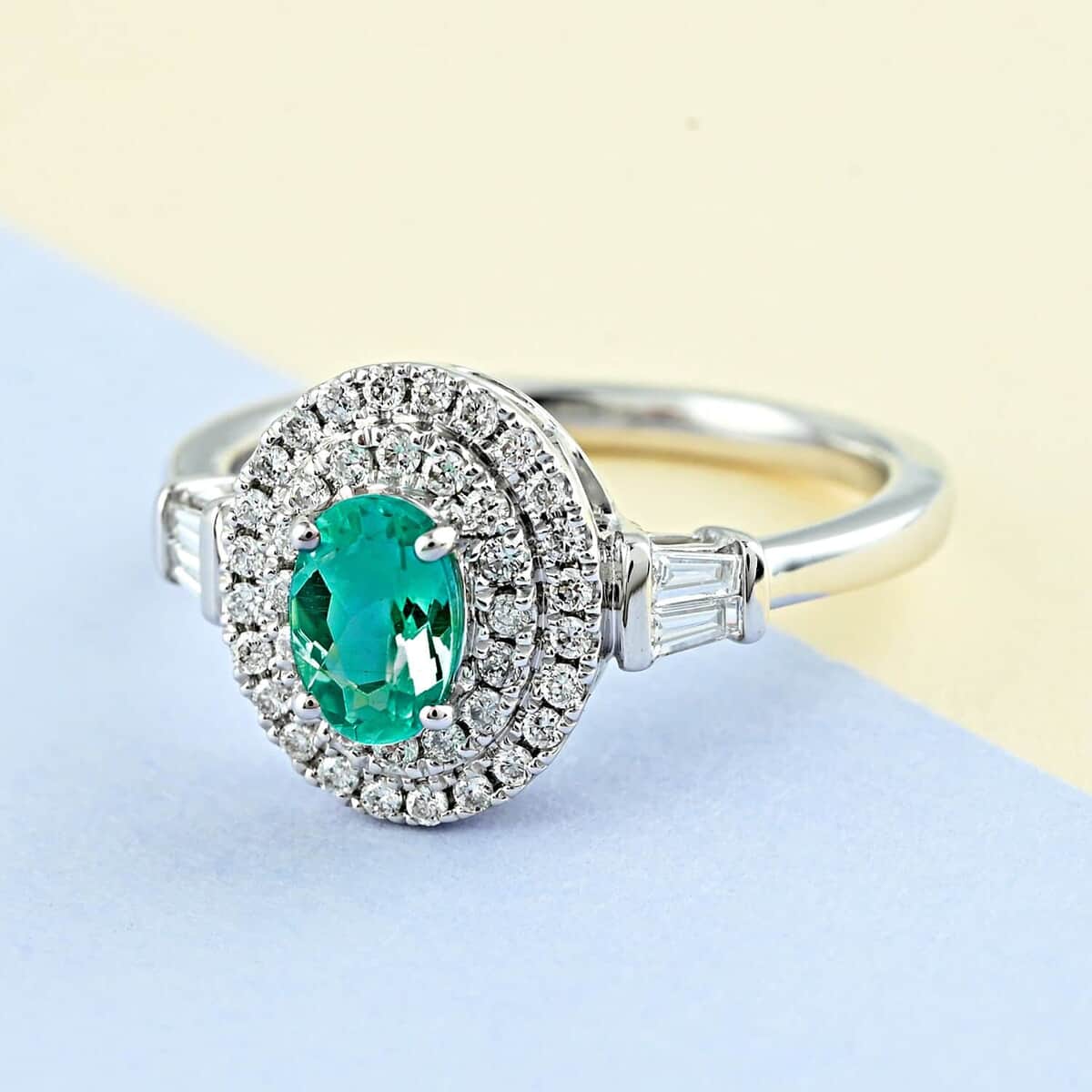 Certified & Appraised Rhapsody 950 Platinum AAAA Paraiba Tourmaline and E-F VS Diamond Double Halo Ring (Size 10.0) 5.40 grams 0.85 ctw image number 1