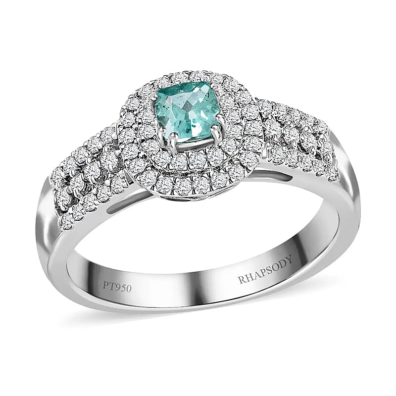 Certified Rhapsody AAAA Paraiba Tourmaline Ring, Diamond Accent Ring, Double Halo Ring, Diamond Double Halo Ring, Tourmaline Halo Ring, 950 Platinum Ring 0.75 ctw (Size 6)