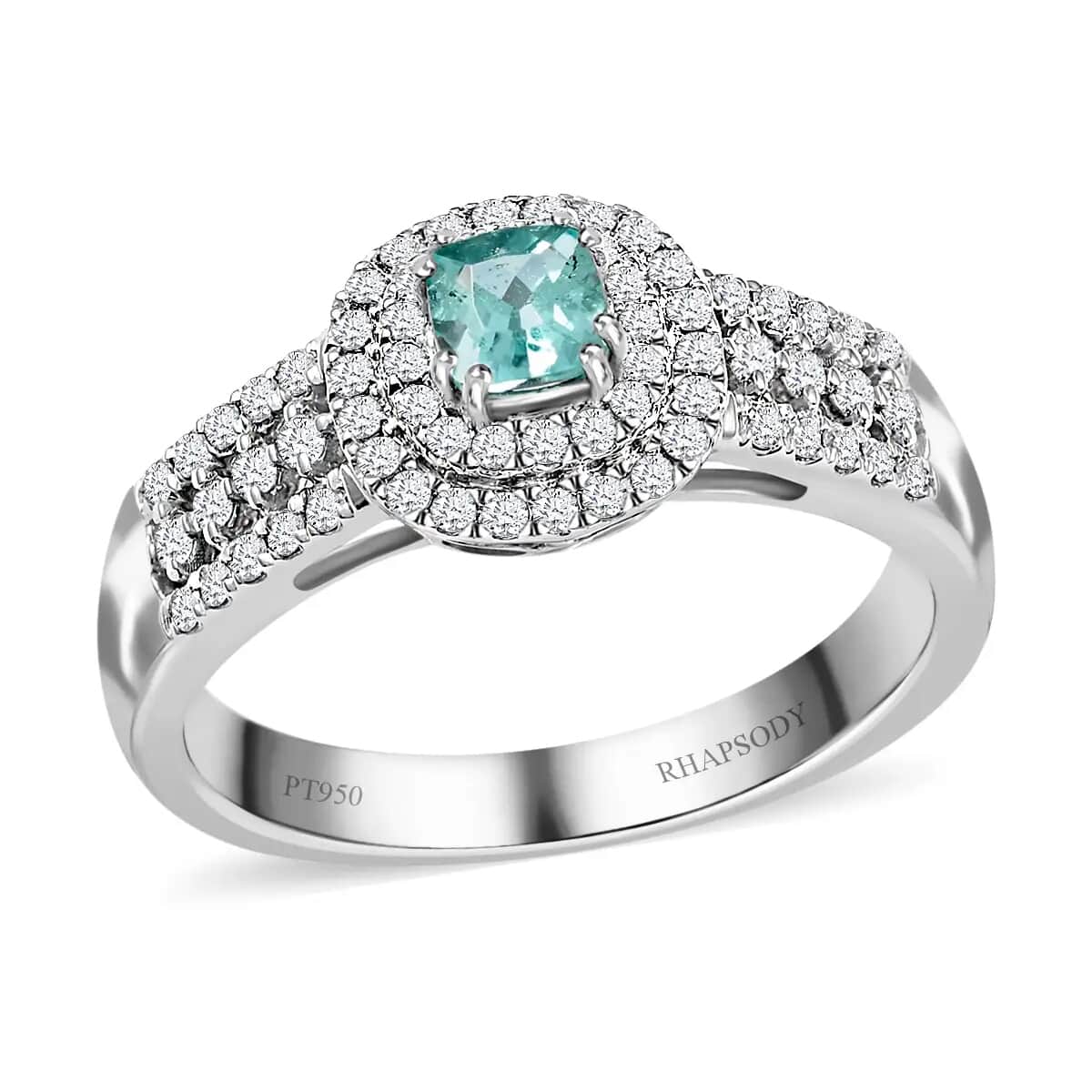 Certified Rhapsody AAAA Paraiba Tourmaline Ring, Diamond Accent Ring, Double Halo Ring, Diamond Double Halo Ring, Tourmaline Halo Ring, 950 Platinum Ring 0.75 ctw (Size 6) image number 0