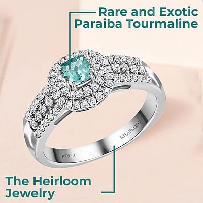 Certified Rhapsody AAAA Paraiba Tourmaline Ring, Diamond Accent Ring, Double Halo Ring, Diamond Double Halo Ring, Tourmaline Halo Ring, 950 Platinum Ring 0.75 ctw (Size 6)