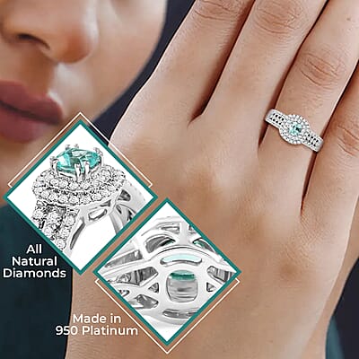 Certified Rhapsody AAAA Paraiba Tourmaline Ring, Diamond Accent Ring, Double Halo Ring, Diamond Double Halo Ring, Tourmaline Halo Ring, 950 Platinum Ring 0.75 ctw (Size 6)