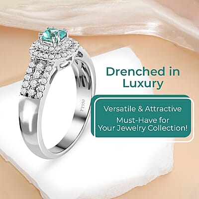 Certified Rhapsody AAAA Paraiba Tourmaline Ring, Diamond Accent Ring, Double Halo Ring, Diamond Double Halo Ring, Tourmaline Halo Ring, 950 Platinum Ring 0.75 ctw (Size 6)