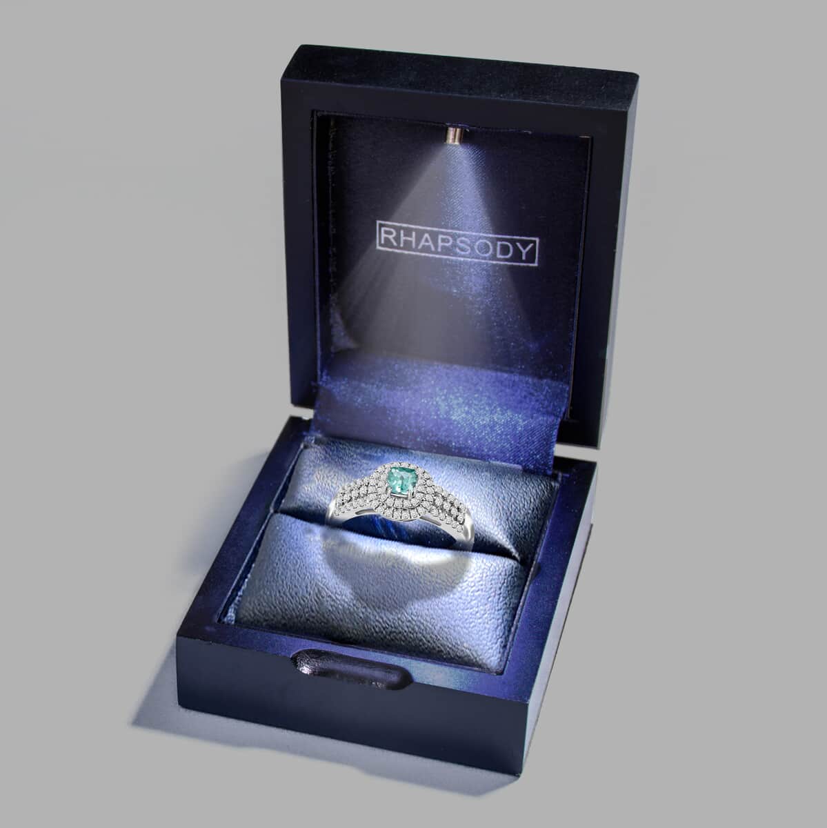Certified Rhapsody AAAA Paraiba Tourmaline and Diamond 0.75 ctw Ring, Double Halo Ring, Diamond Double Halo Ring, Tourmaline Halo Ring, 950 Platinum Ring (Size 9) image number 7