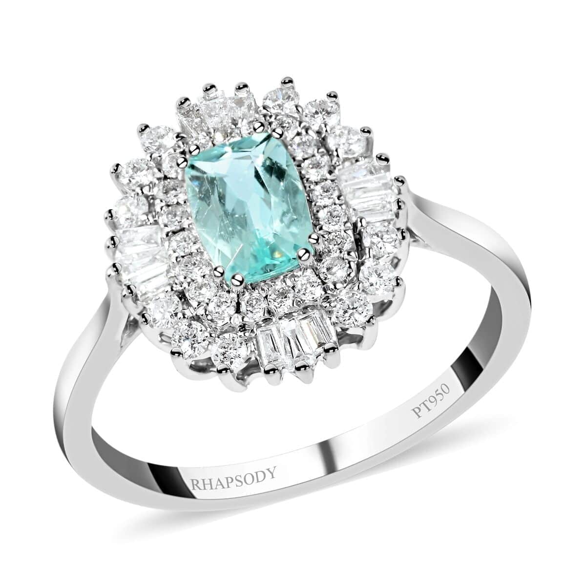 Certified & Appraised 950 Platinum AAAA Paraiba Tourmaline and E-F VS Diamond Ring 5.90 Grams 1.50 ctw image number 0