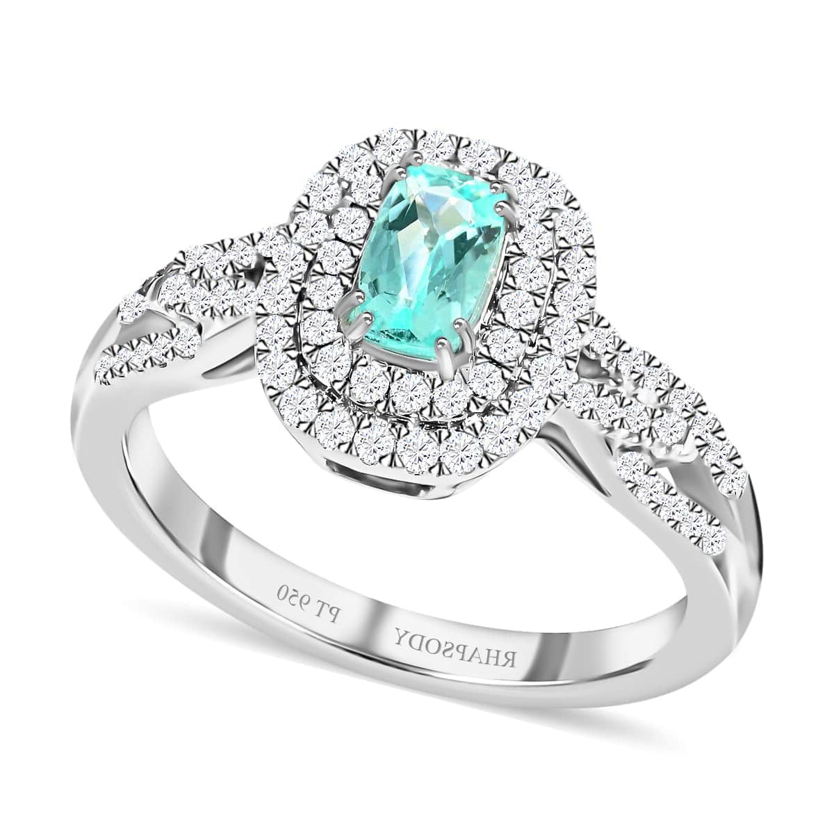 Certified Rhapsody 950 Platinum AAAA Paraiba Tourmaline and E-F VS Diamond Double Halo Ring (Size 6.0) 7.40 Grams 1.00 ctw image number 0