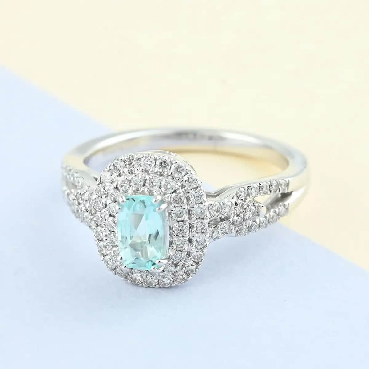 Certified Rhapsody 950 Platinum AAAA Paraiba Tourmaline and E-F VS Diamond Double Halo Ring (Size 6.0) 7.40 Grams 1.00 ctw image number 1