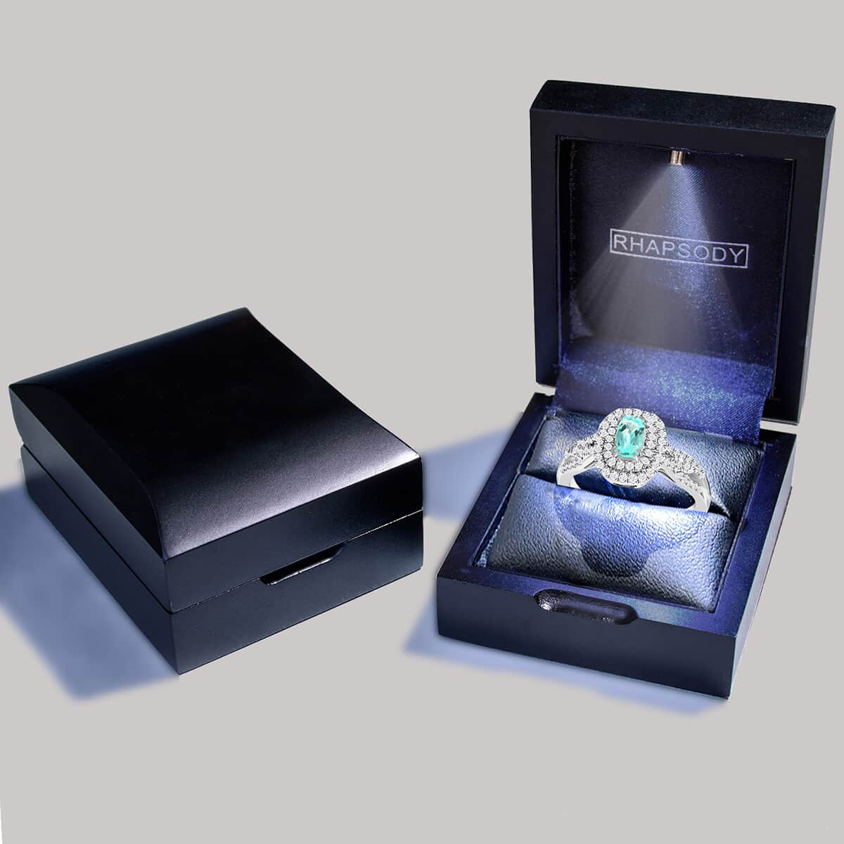 Certified Rhapsody 950 Platinum AAAA Paraiba Tourmaline and E-F VS Diamond Double Halo Ring (Size 6.0) 7.40 Grams 1.00 ctw image number 6