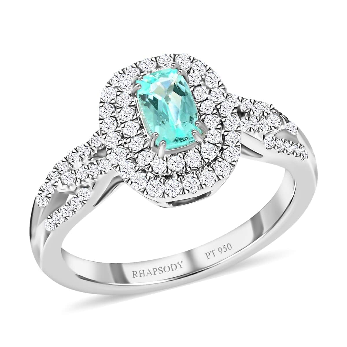 Certified Rhapsody 950 Platinum AAAA Paraiba Tourmaline and E-F VS Diamond Double Halo Ring (Size 7.0) 7.40 Grams 1.00 ctw image number 0