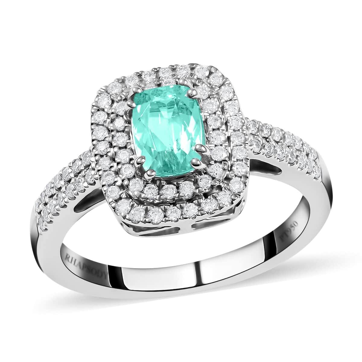 Certified & Appraised RHAPSODY 950 Platinum AAAA Paraiba Tourmaline, Diamond (E-F, VS) (0.40 cts) Double Halo Ring (6.80 g) 1.10 ctw image number 0