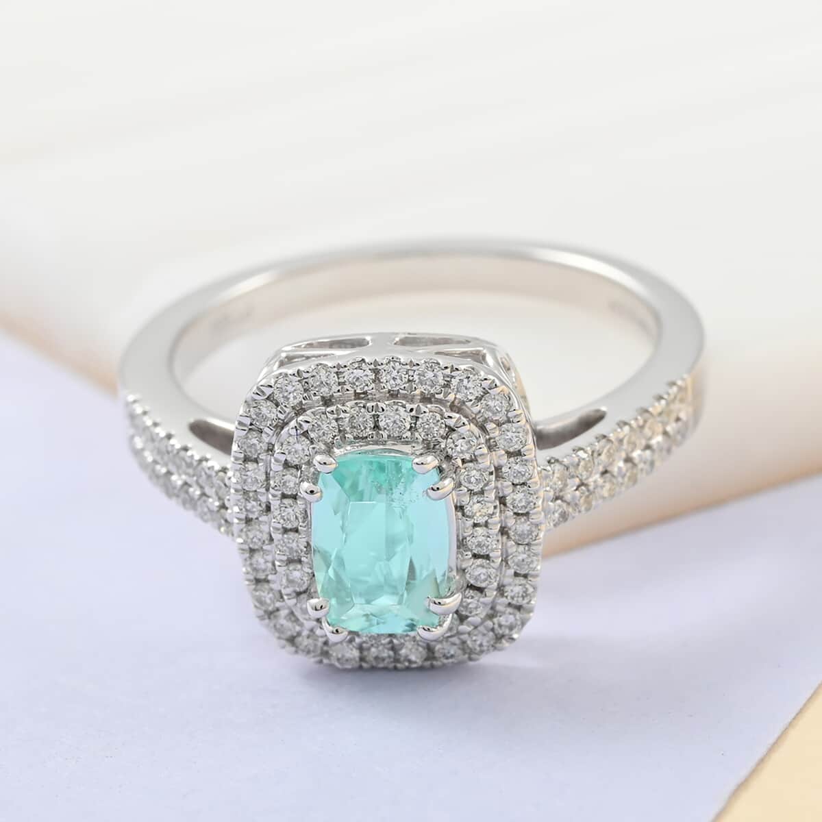 Certified & Appraised RHAPSODY 950 Platinum AAAA Paraiba Tourmaline, Diamond (E-F, VS) (0.40 cts) Double Halo Ring (6.80 g) 1.10 ctw image number 1