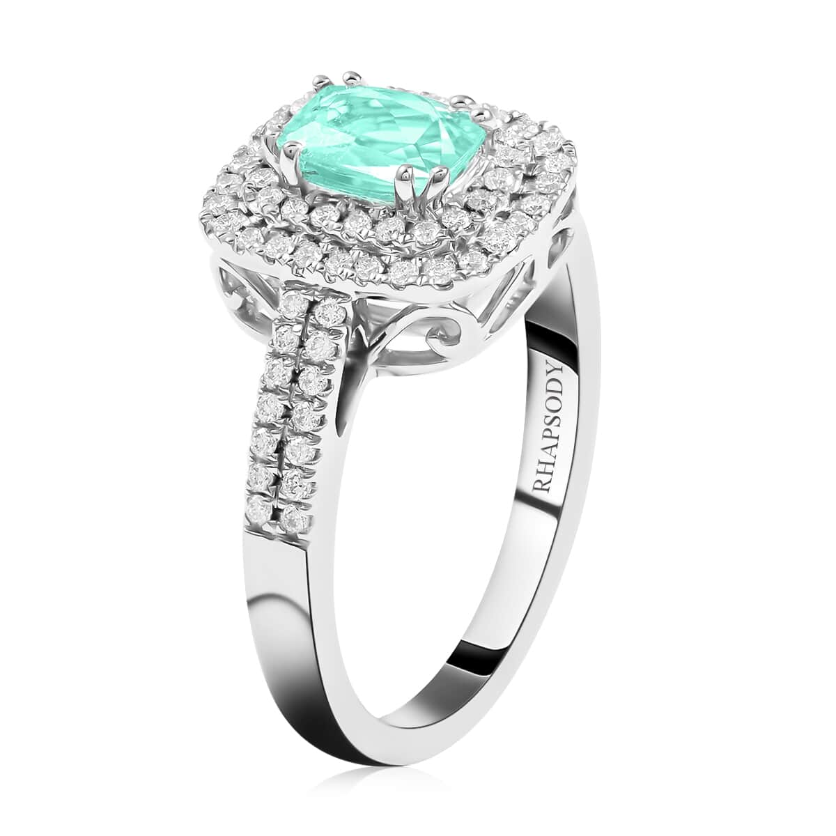 Certified & Appraised RHAPSODY 950 Platinum AAAA Paraiba Tourmaline, Diamond (E-F, VS) (0.40 cts) Double Halo Ring (6.80 g) 1.10 ctw image number 3