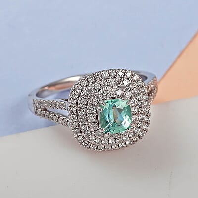Certified & Appraised Rhapsody AAAA Paraiba Tourmaline and E-F VS Diamond 1.20 ctw Split Shank Ring in 950 Platinum (Size 6.0) 7 Grams