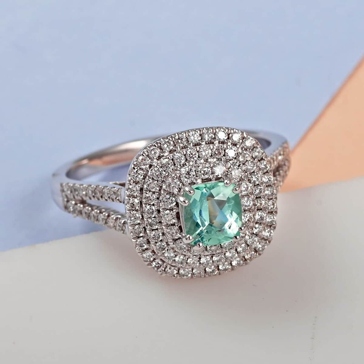 Certified & Appraised Rhapsody 950 Platinum AAAA Paraiba Tourmaline and E-F VS Diamond Split Shank Ring (Size 6.0) 7 Grams 1.20 ctw image number 1