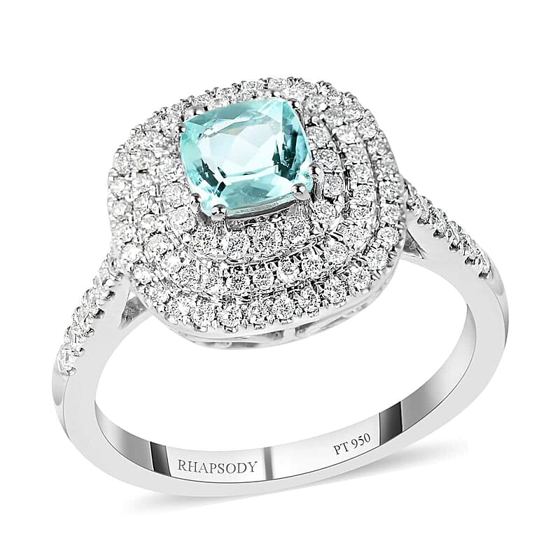 Certified & Appraised Rhapsody 950 Platinum AAAA Paraiba Tourmaline and E-F VS Diamond Double Halo Ring (Size 6.0) 6.80 Grams 1.35 ctw