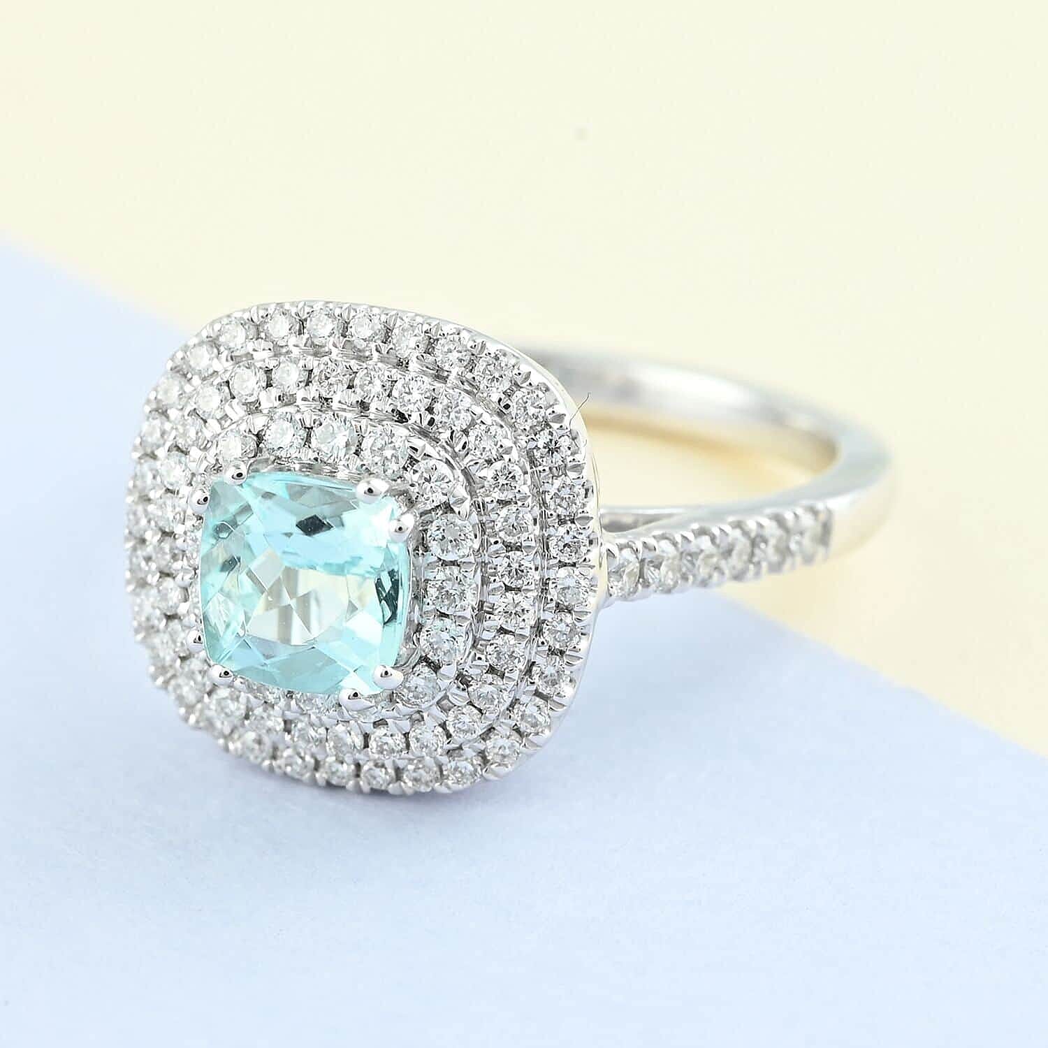 Certified & Appraised Rhapsody 950 Platinum AAAA Paraiba Tourmaline and E-F VS Diamond Double Halo Ring (Size 6.0) 6.80 Grams 1.35 ctw