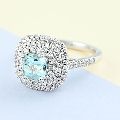 Certified & Appraised Rhapsody 950 Platinum AAAA Paraiba Tourmaline and E-F VS Diamond Double Halo Ring (Size 6.0) 6.80 Grams 1.35 ctw
