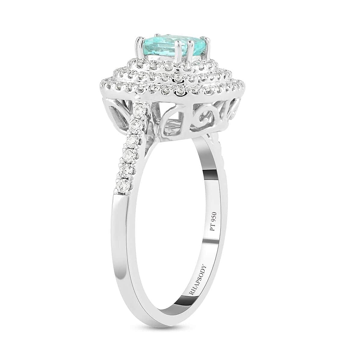 Certified & Appraised Rhapsody 950 Platinum AAAA Paraiba Tourmaline and E-F VS Diamond Double Halo Ring (Size 6.0) 6.80 Grams 1.35 ctw