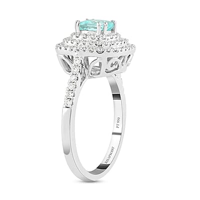 Certified & Appraised Rhapsody 950 Platinum AAAA Paraiba Tourmaline and E-F VS Diamond Double Halo Ring (Size 6.0) 6.80 Grams 1.35 ctw
