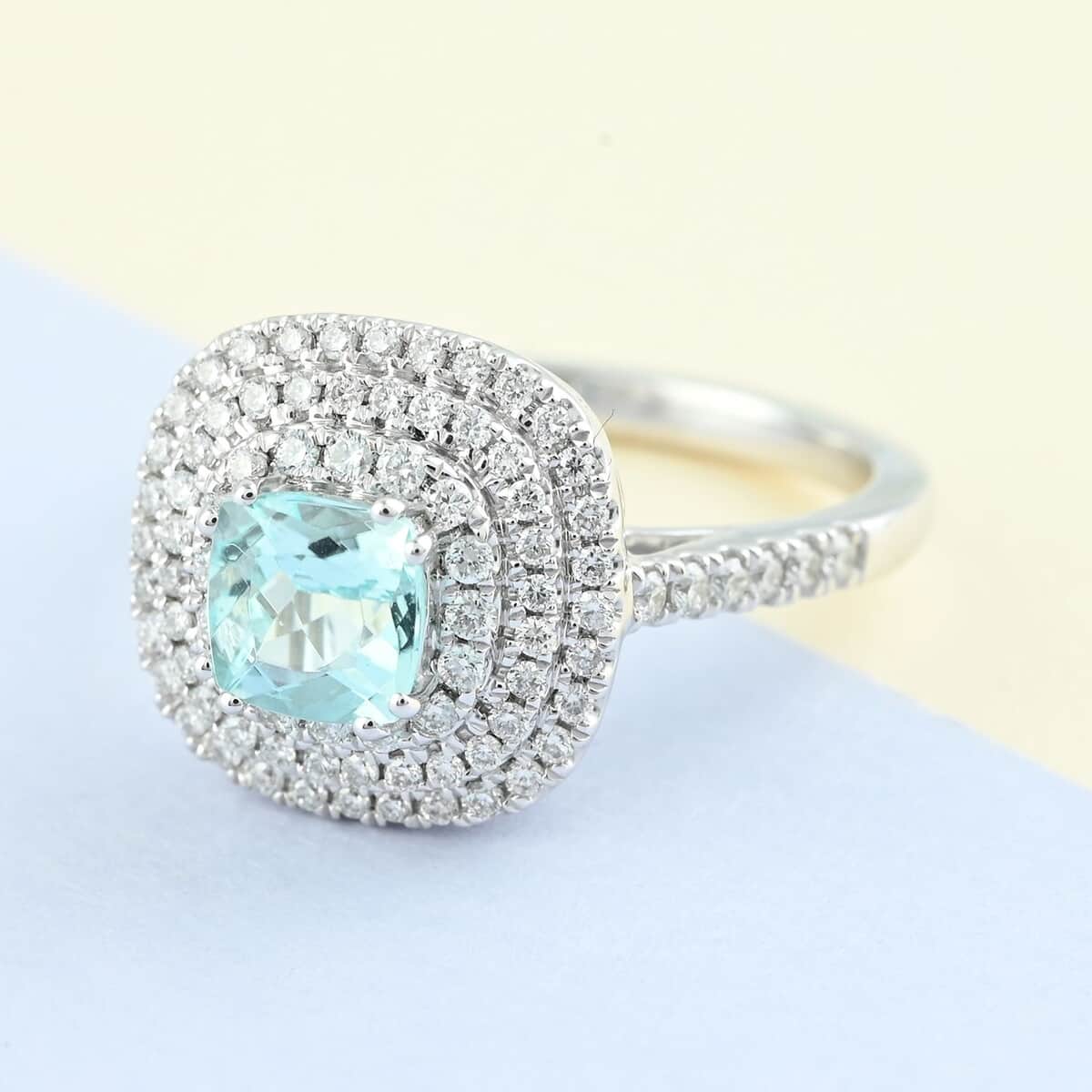 Certified & Appraised Rhapsody 950 Platinum AAAA Paraiba Tourmaline and E-F VS Diamond Double Halo Ring (Size 7.0) 6.80 Grams 1.35 ctw image number 1