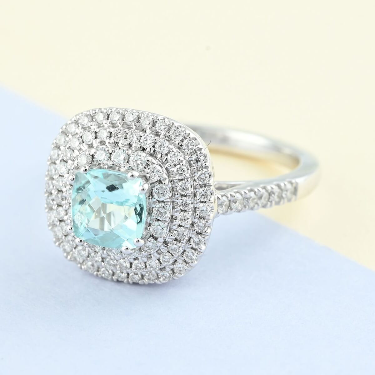 Certified & Appraised Rhapsody 950 Platinum AAAA Paraiba Tourmaline and E-F VS Diamond Double Halo Ring (Size 8.0) 6.80 Grams 1.35 ctw image number 1