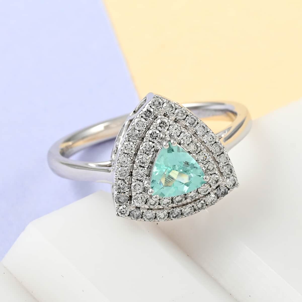 Certified & Appraised 950 Platinum AAAA Paraiba Tourmaline and E-F VS Diamond Ring 5 Grams 0.70 ctw image number 1