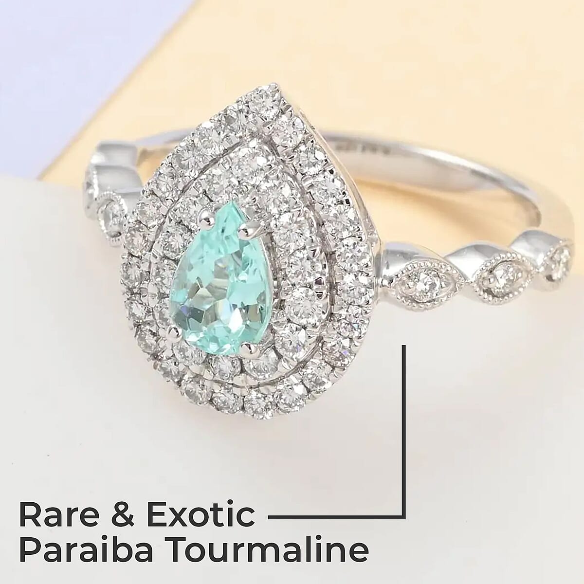 Rhapsody Certified AAAA Paraiba Tourmaline Ring, E-F VS Diamond Accent Ring, Tourmaline Double Halo Ring, 950 Platinum Ring 5.80 Grams 0.90 ctw image number 1