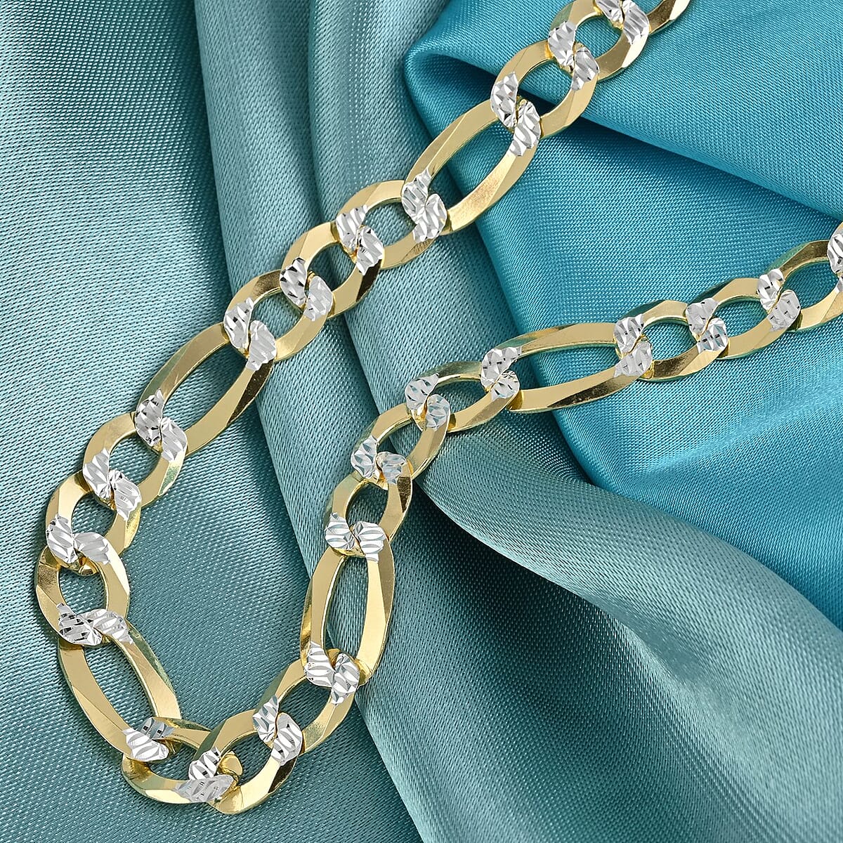 Italian 14K Yellow Gold Over Sterling Silver 13mm Figaro Flat 2 Tone Chain Necklace 20 Inches 29.5 Grams image number 1