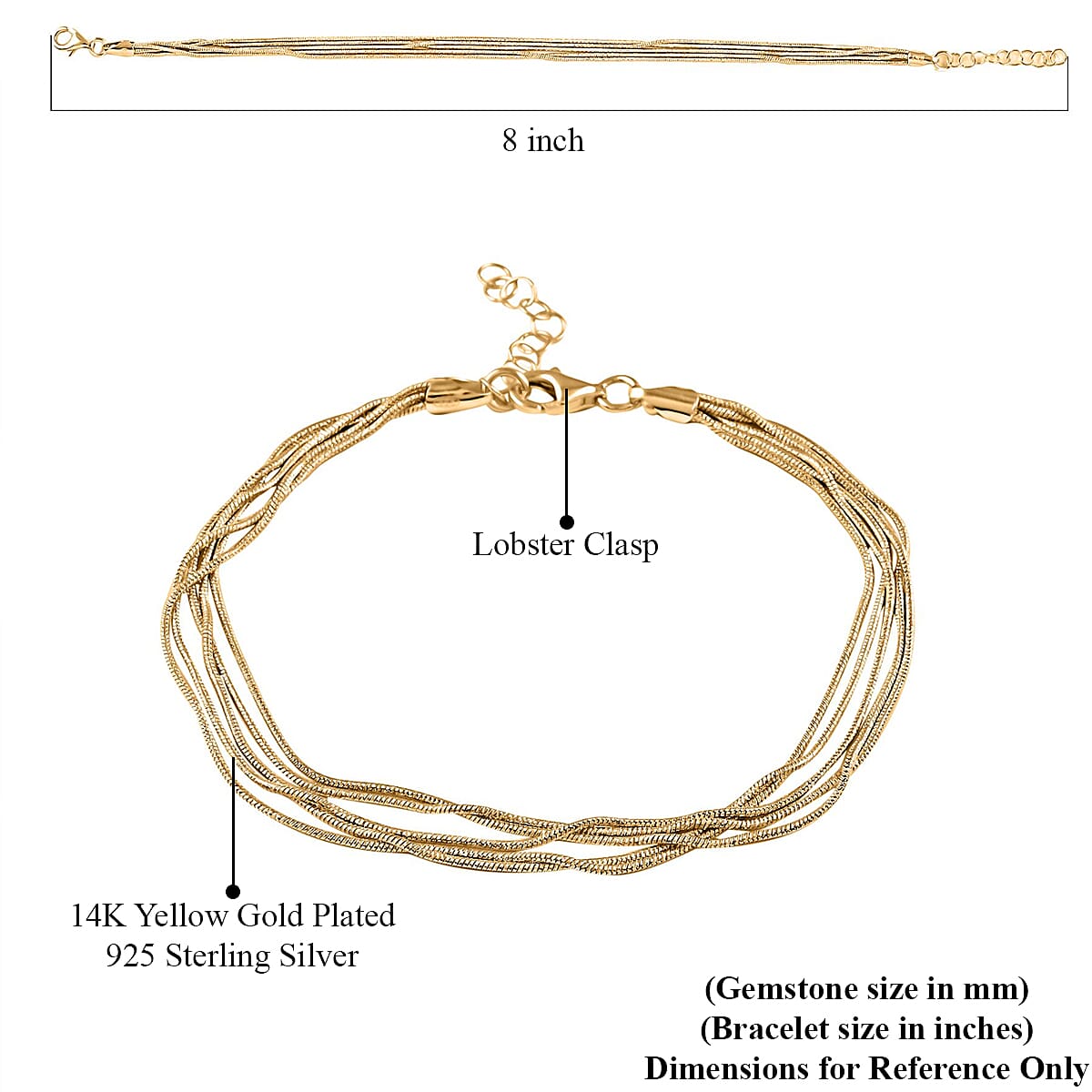 Italian 14K YG Over Sterling Silver 9mm Multiple Slink Snake Chain Bracelet (7-8In) 4.50 Grams image number 4