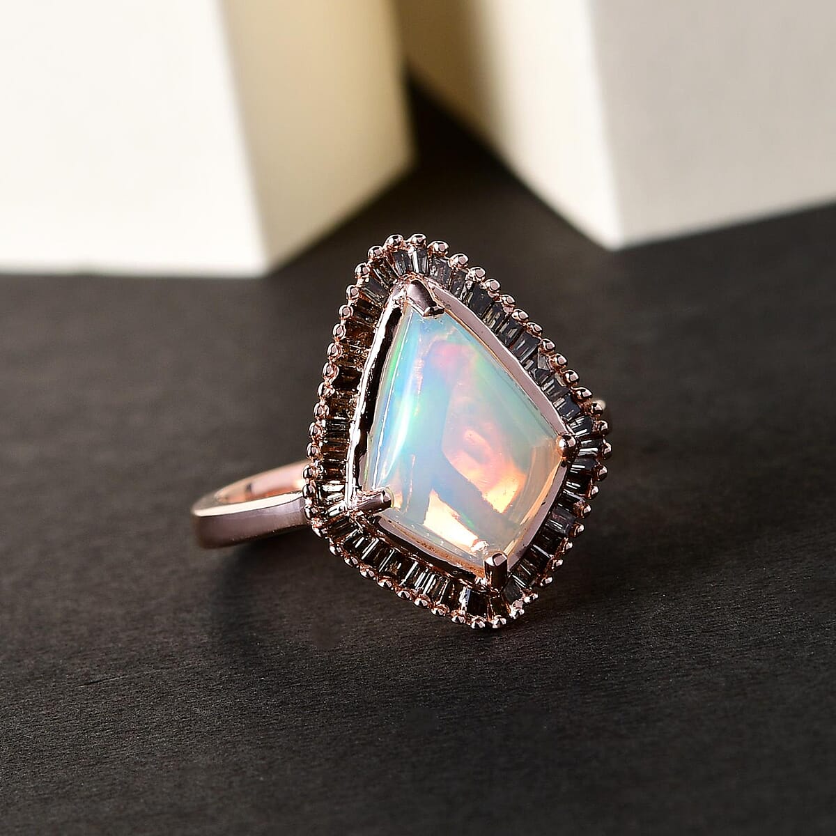 Ethiopian Welo Opal and Natural Champagne Diamond Kite Shape Halo Ring in Vermeil Rose Gold Over Sterling Silver (Size 10.0) 2.30 ctw image number 1