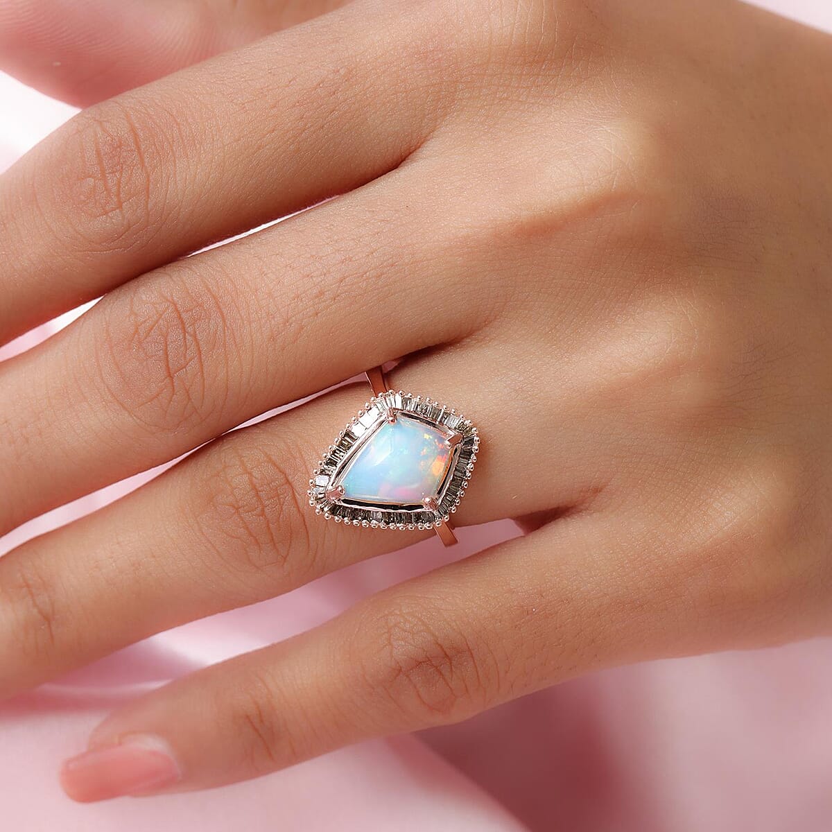 Ethiopian Welo Opal and Natural Champagne Diamond Kite Shape Halo Ring in Vermeil Rose Gold Over Sterling Silver (Size 10.0) 2.30 ctw image number 2