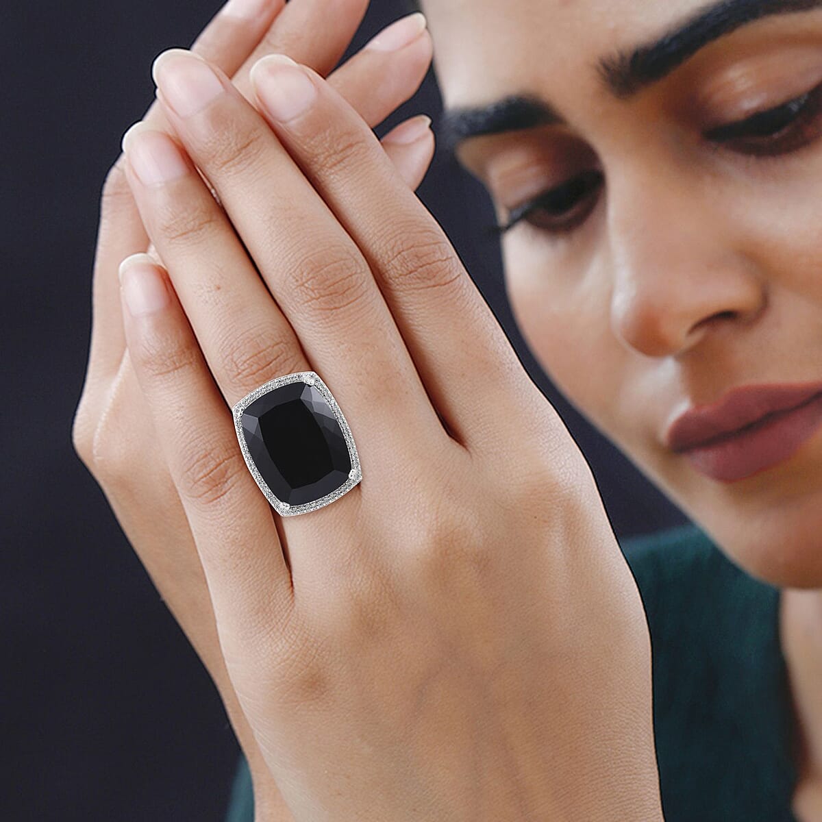 Natural Thai Black Spinel, White Zircon Ring in Platinum Over Sterling Silver (Size 10.0) 57.50 ctw image number 1