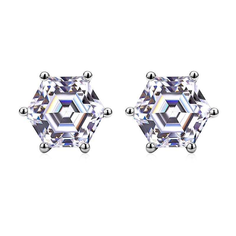 Moissanite Earrings in Rhodium Over Sterling Silver, Hexagonal Cut Gemstone, Silver Solitaire Earrings, Moissanite Studs 2.15 ctw
