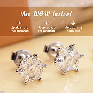Moissanite Earrings in Rhodium Over Sterling Silver, Hexagonal Cut Gemstone, Silver Solitaire Earrings, Moissanite Studs 2.15 ctw