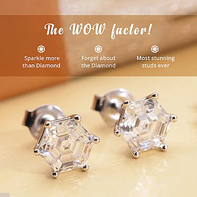 Moissanite Earrings in Rhodium Over Sterling Silver, Hexagonal Cut Gemstone, Silver Solitaire Earrings, Moissanite Studs 2.15 ctw