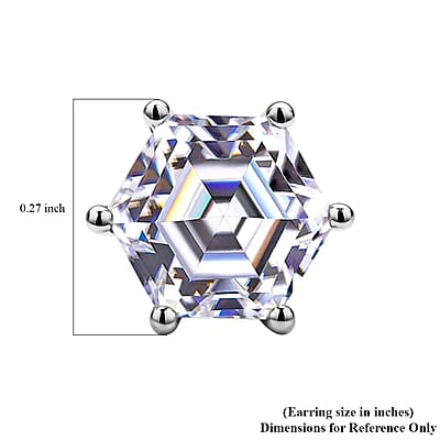 Moissanite Earrings in Rhodium Over Sterling Silver, Hexagonal Cut Gemstone, Silver Solitaire Earrings, Moissanite Studs 2.15 ctw