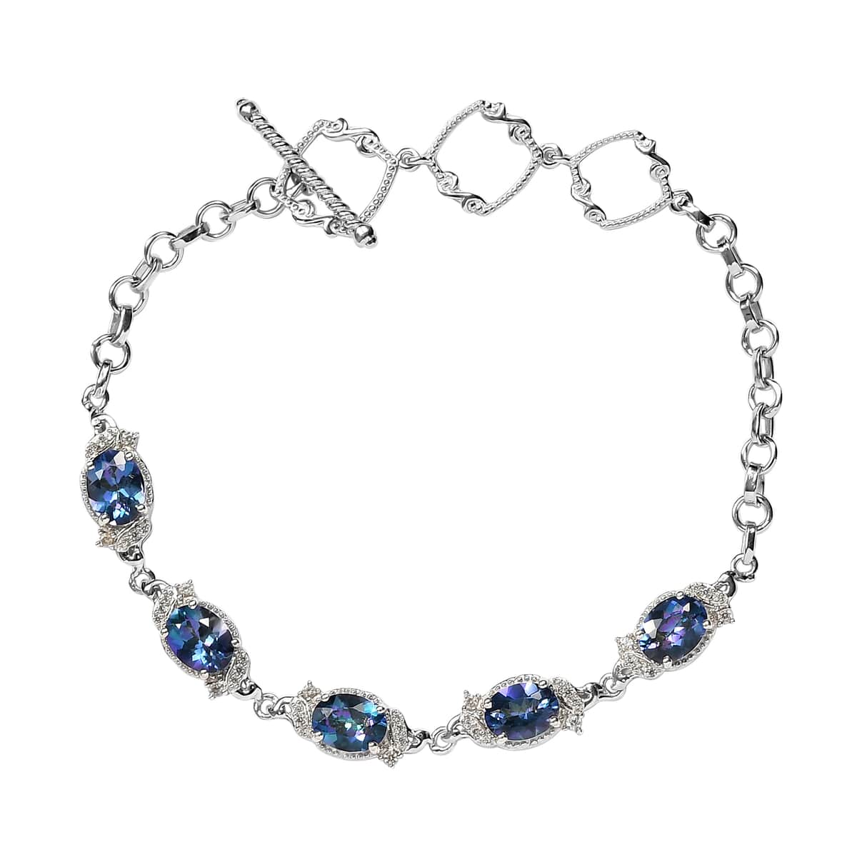 Brazilian Periwinkle Bloom Petalite and White Zircon Toggle Clasp Bracelet Platinum Over Sterling Silver (7.25 In) 5.30 ctw image number 0