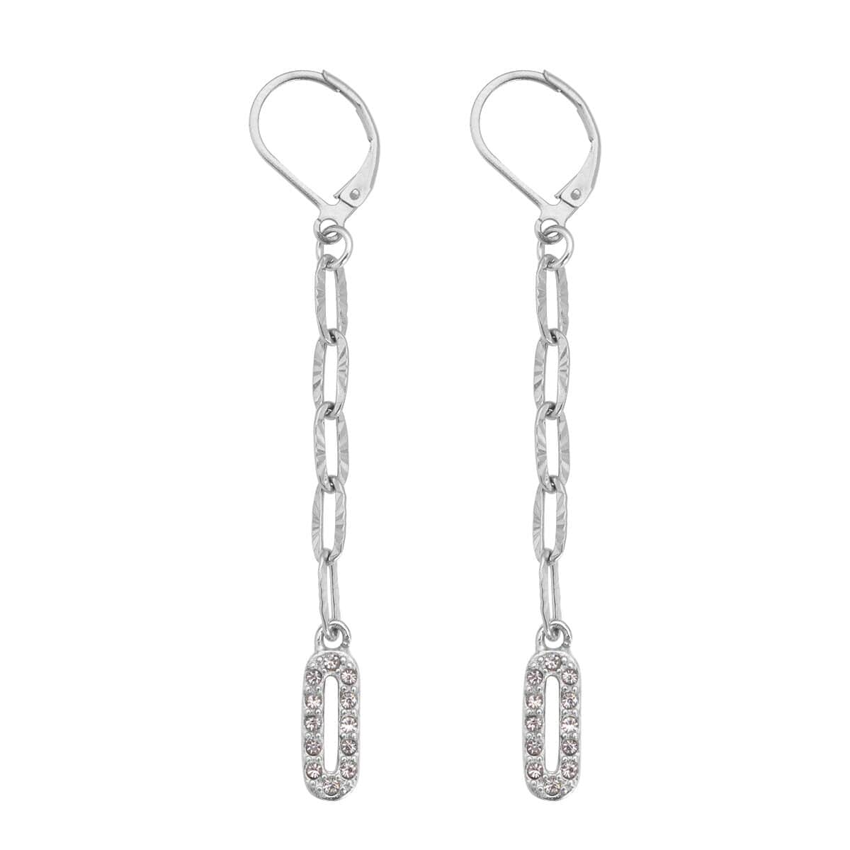 White Austrian Crystal Paper Clip Dangle Earrings in Stainless Steel image number 0