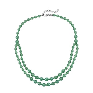 Green Aventurine and Green Glass 2 Row Beaded Necklace 18-20 Inches in Silvertone 166.00 ctw
