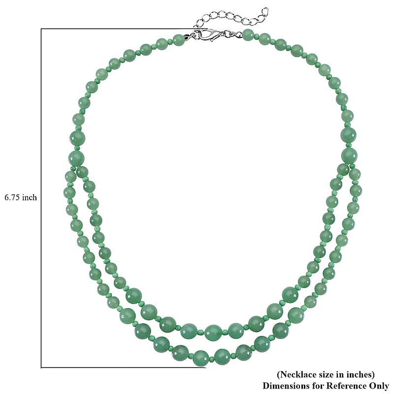 Green Aventurine and Green Glass 2 Row Beaded Necklace 18-20 Inches in Silvertone 166.00 ctw