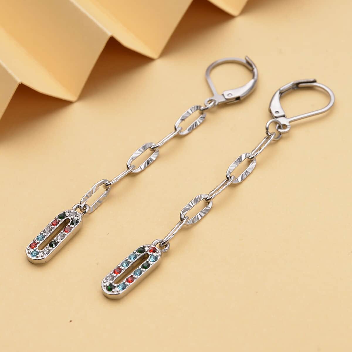 Multi Color Austrian Crystal Paper Clip Dangle Earrings in Stainless Steel 0.50 ctw image number 1