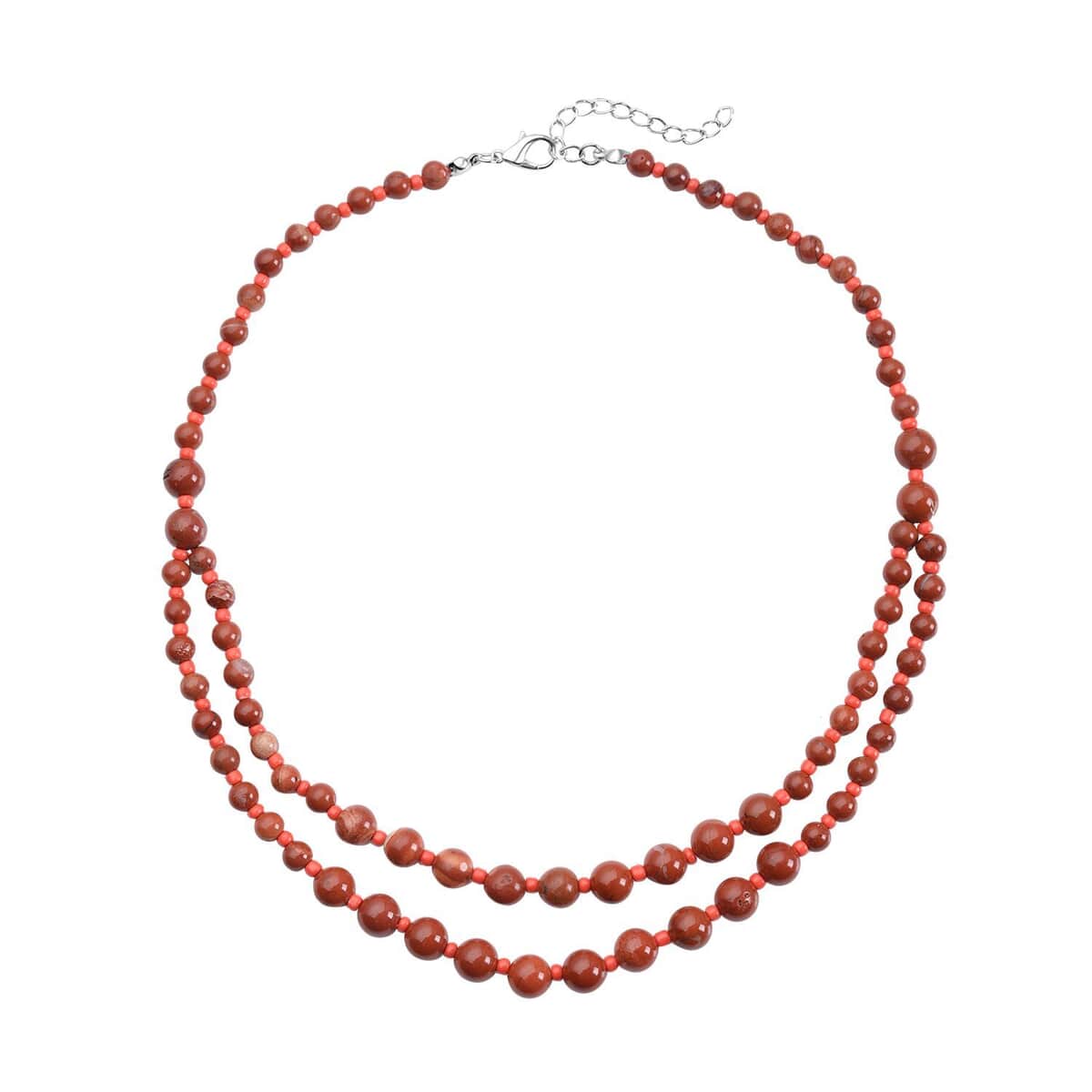 Red Jasper and Red Glass 2 Row Beaded Necklace 18-20 Inches in Silvertone 166.00 ctw image number 0