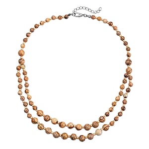 Picture Jasper and Champagne Glass 166.00 ctw 2 Row Beaded Necklace in Silvertone 18-20 Inches