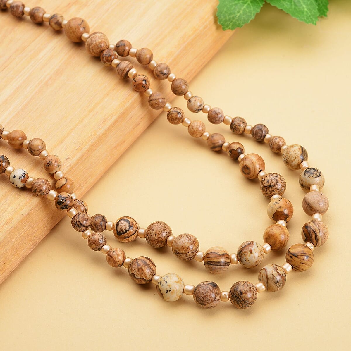 Picture Jasper and Champagne Glass 166.00 ctw 2 Row Beaded Necklace in Silvertone 18-20 Inches image number 1