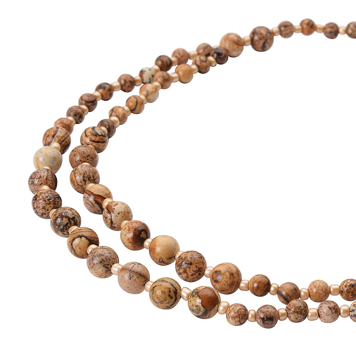 Picture Jasper and Champagne Glass 166.00 ctw 2 Row Beaded Necklace in Silvertone 18-20 Inches image number 2