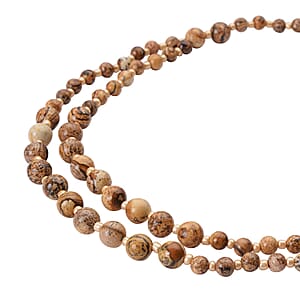 Picture Jasper and Champagne Glass 166.00 ctw 2 Row Beaded Necklace in Silvertone 18-20 Inches