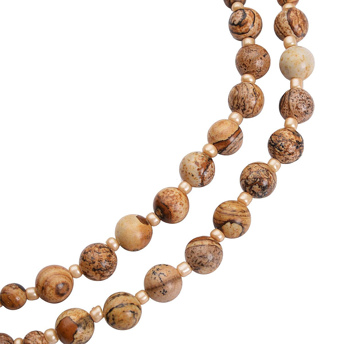 Picture Jasper and Champagne Glass 166.00 ctw 2 Row Beaded Necklace in Silvertone 18-20 Inches image number 3
